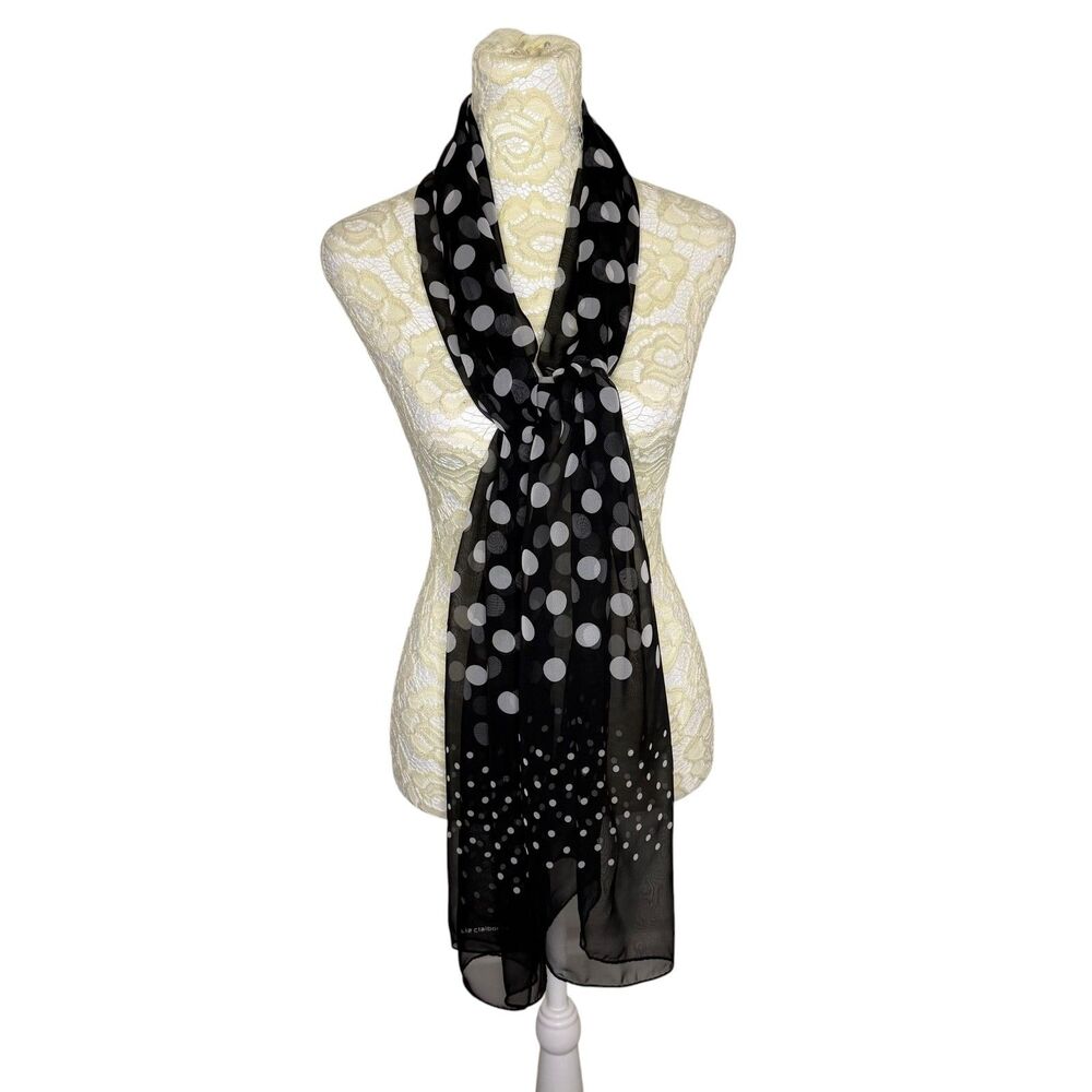 Liz Claiborne Sheer Scarf Polka Dot Black White Long Rectangle  20 x 70